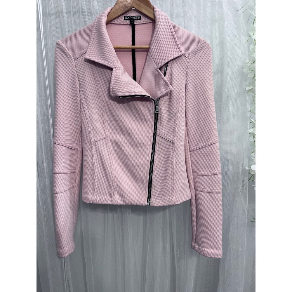 Express Pink Waffle Knit Moto Jacket Asymmetrical Zip Textured Blazer Womens S